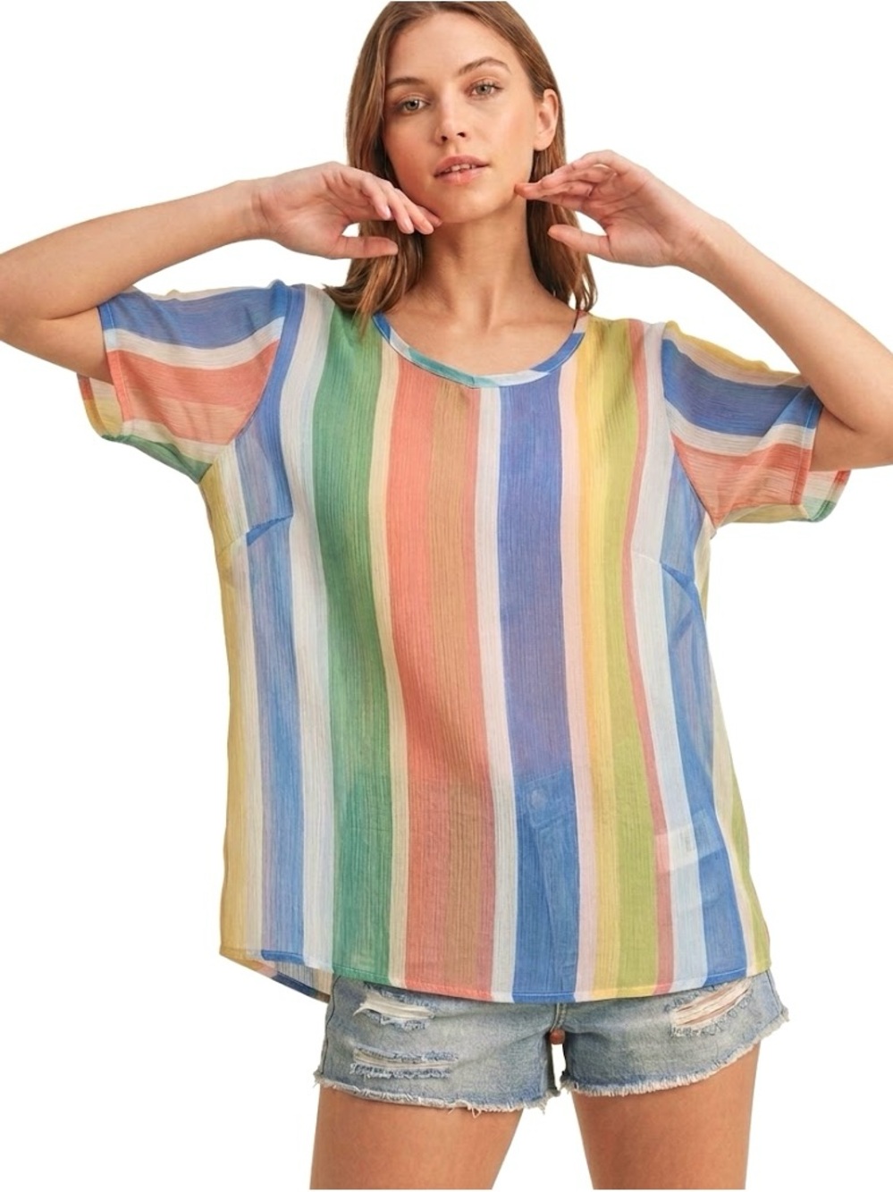 Marleylilly Pastel Striped V-Neck Tunic Top Swimwear Cover Up XXS/XS Oversized